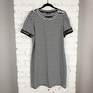 Karl Lagerfeld Paris Striped Puff Sleeve Tee T-Shirt Dress Button Shoulder XL
